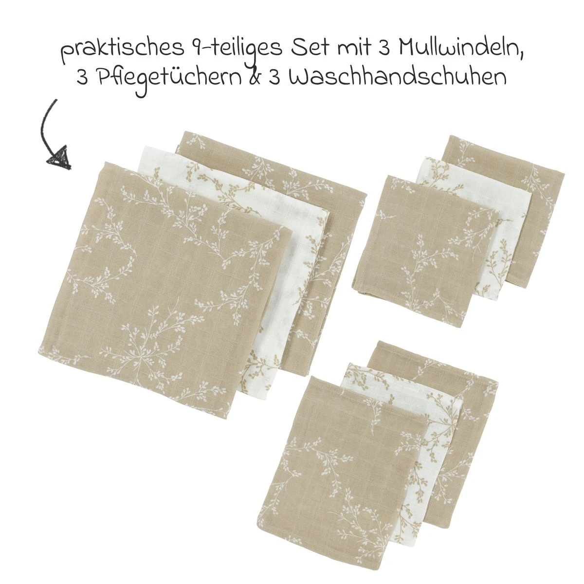 Starter Set 9-tlg. Musselin - Branches - Sand Starter Set 9-tlg. Musselin - Branches - Sand -Baby Artikel meyco starter set 9 tlg musselin branches sand 450368 d1