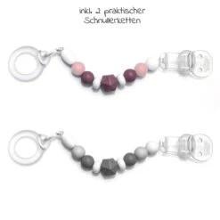 4-tlg. Schnuller-Zubehör-Set - 2x Silikon-Schnullerbox + 2x Schnullerkette Mit Silikon-Perlen & Gummiring Inkl. Clip - Grau Beere -Baby Artikel miamia 4 tlg schnuller zubehor set 2x silikon schnullerbox 2x schnullerkette mit silikon perlen gummiring inkl clip grau beere set 835 d6