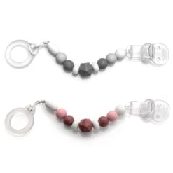Schnullerkette Mit Silikon-Perlen & Gummiring Inkl. Clip - 2er Set - Grau Beere